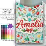 Festive Christmas Trees Ornaments Strawberries Candy Cane Holiday  Personalised Custom Name Super Soft Fleece Blanket Bed Sofa Throw