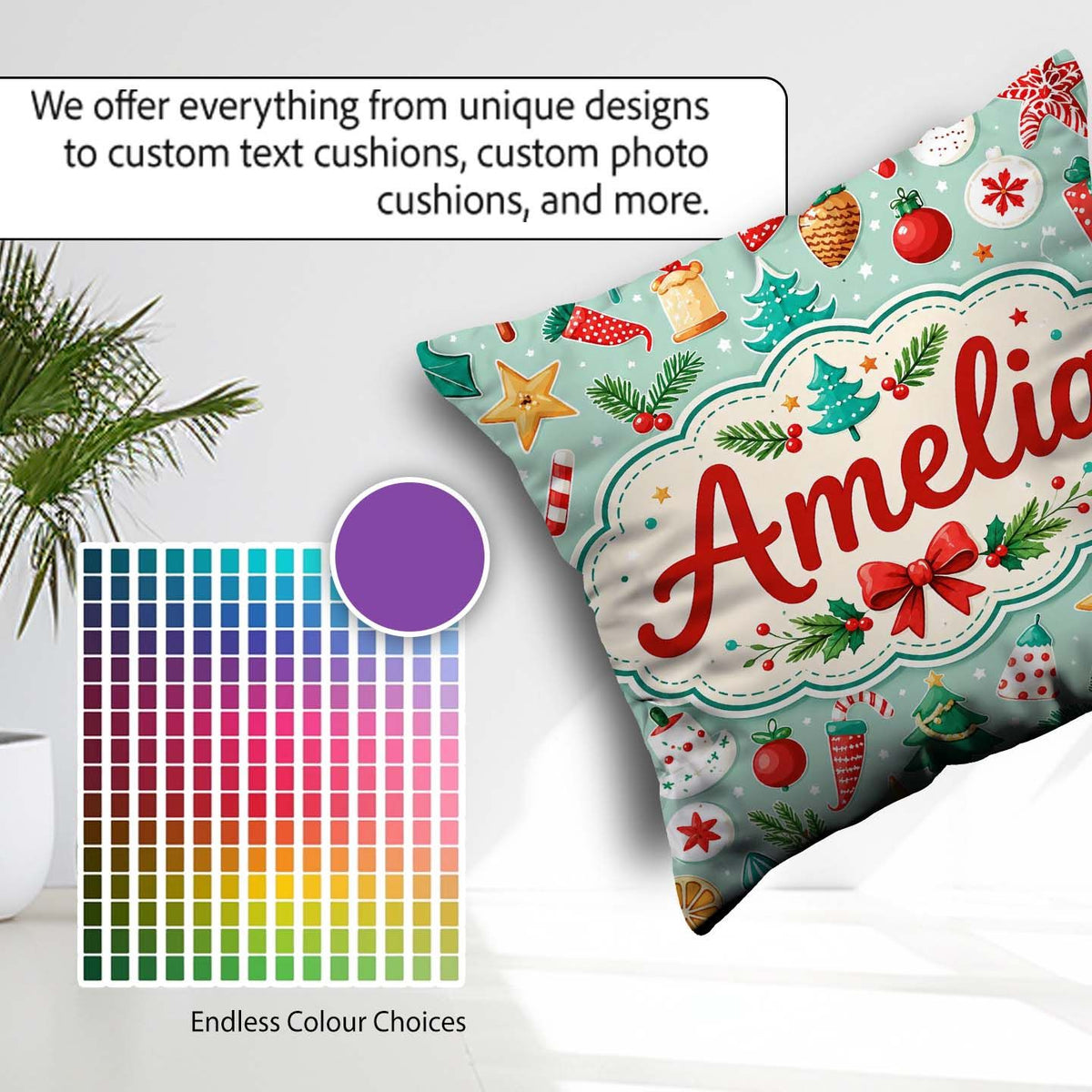 Custom Name Festive Christmas Trees Ornaments Candy Cane Holiday Square Filled Cushion Throw Pillow Sofa Bed Home Decor Zip Washable UK Made
