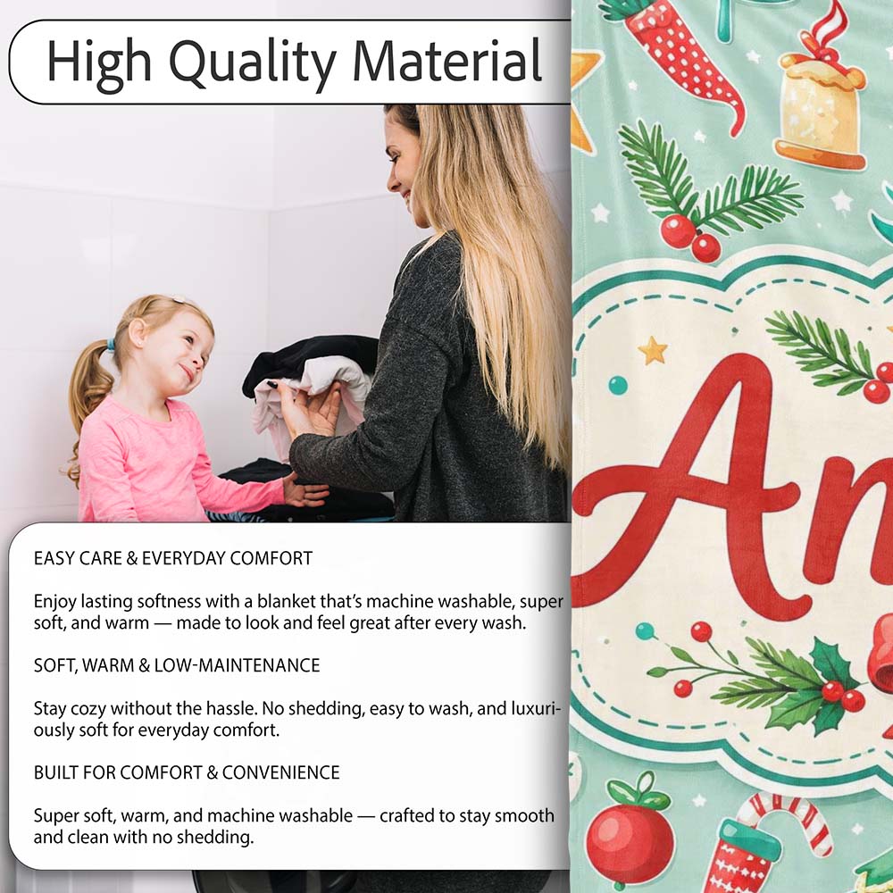 Festive Christmas Trees Ornaments Strawberries Candy Cane Holiday  Personalised Custom Name Super Soft Fleece Blanket Bed Sofa Throw