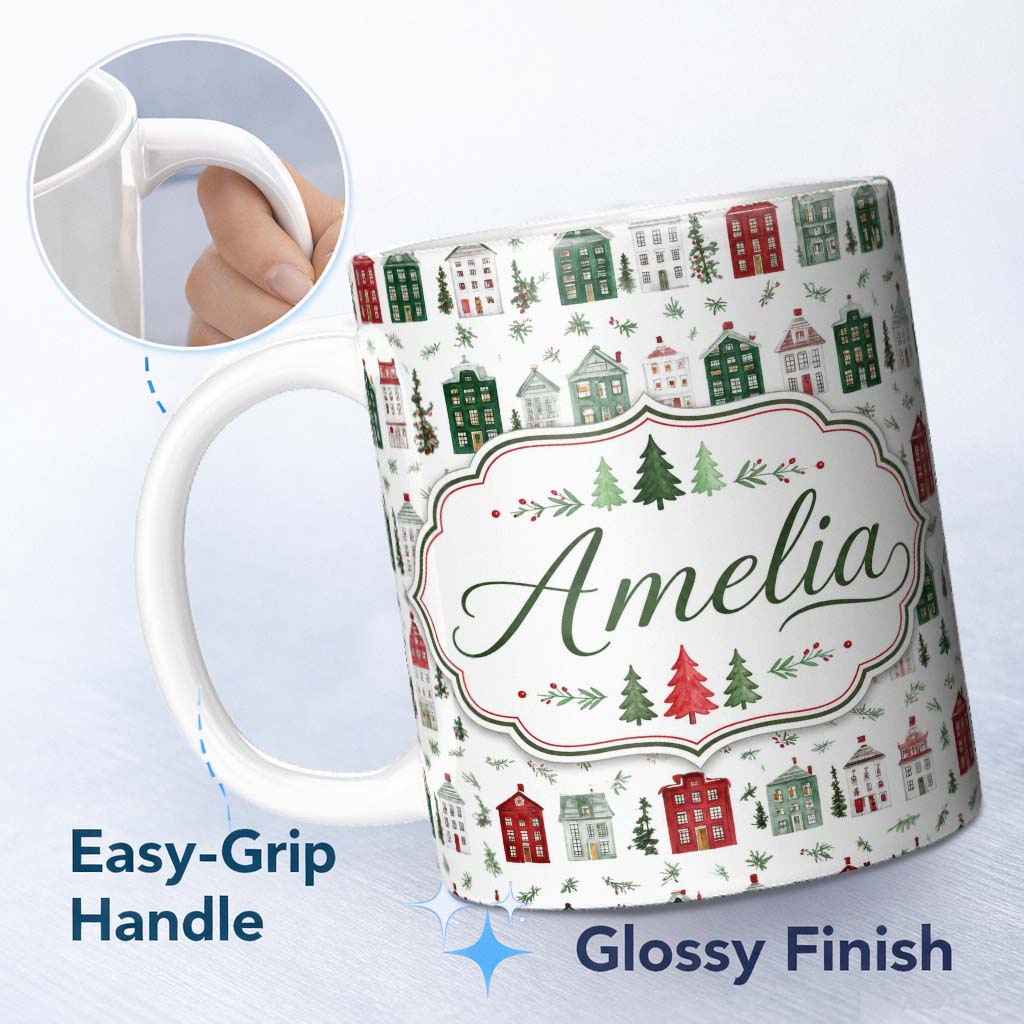Personalized Custom Name Watercolor Holiday Village Houses Snowy Christmas Town Seamless 11oz Ceramic Coffee Tea Mug White Large Handle