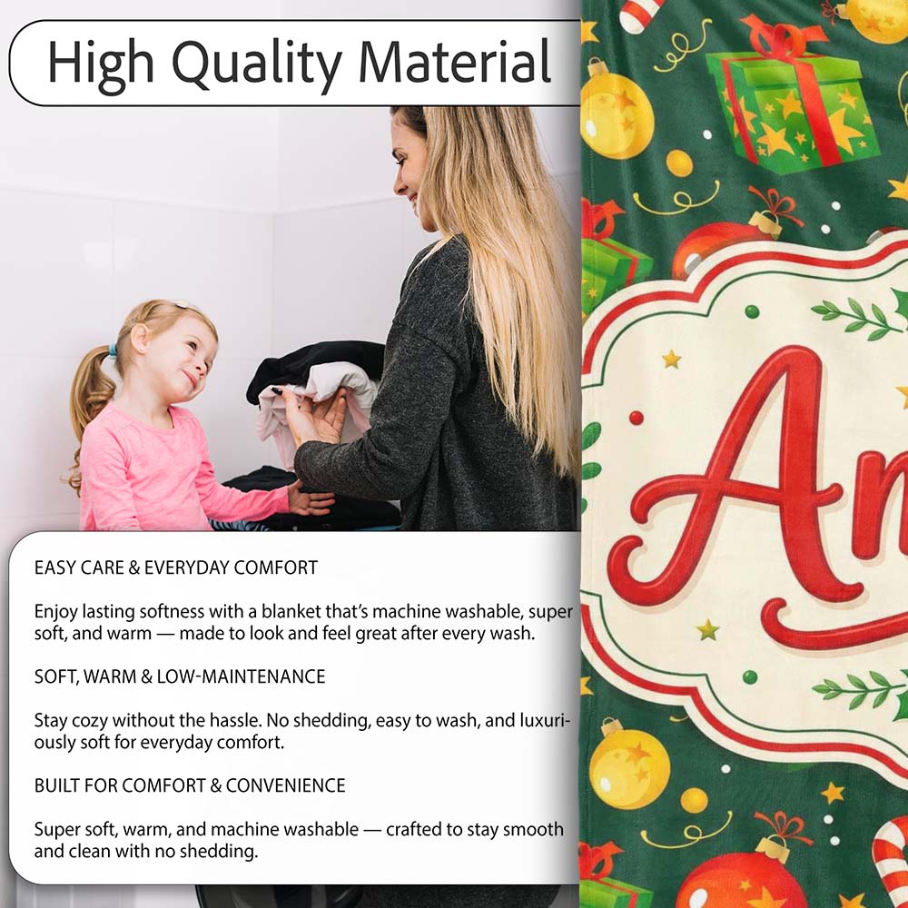 Green Christmas Gifts Baubles Candy Cane Festive Holiday Seamless  Personalised Custom Name Super Soft Fleece Blanket Bed Sofa Throw