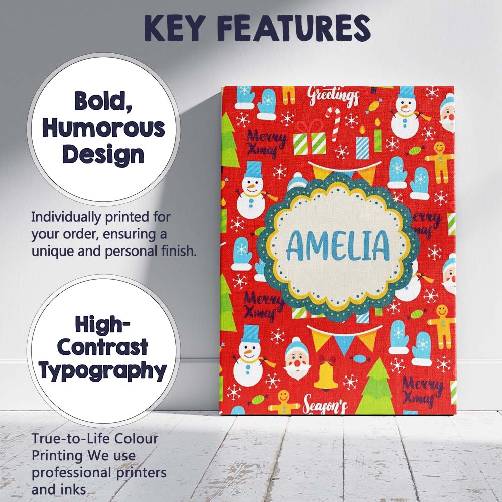 Personalised Name Merry Xmas Greetings Custom  Modern Room Accent Elegant Feature Canvas Wall Art Print Decor Picture Ready to Hang