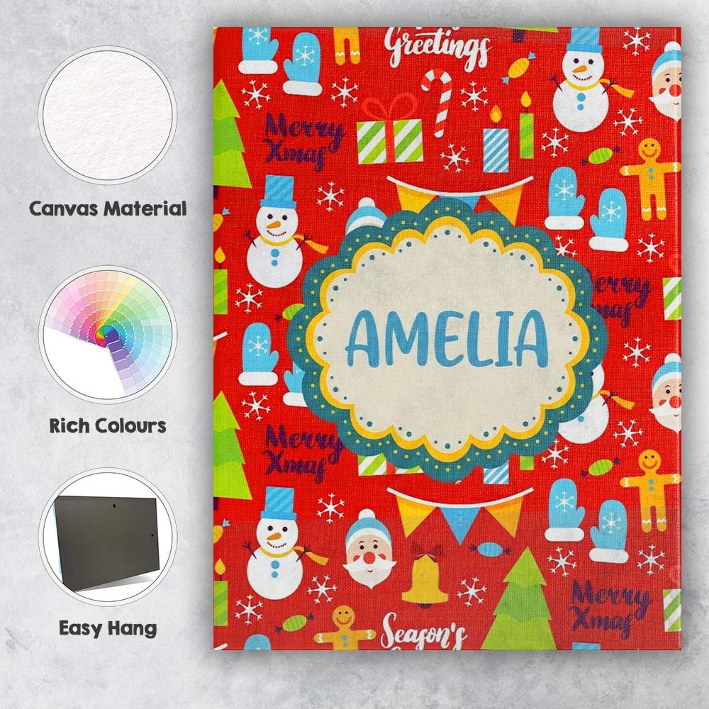 Personalised Name Merry Xmas Greetings Custom  Modern Room Accent Elegant Feature Canvas Wall Art Print Decor Picture Ready to Hang
