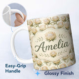 Personalized Custom Name Cream Protea Botanical Floral Seamless Pattern Perfect Gift for Her 11oz Ceramic Coffee Tea Mug White Large Handle