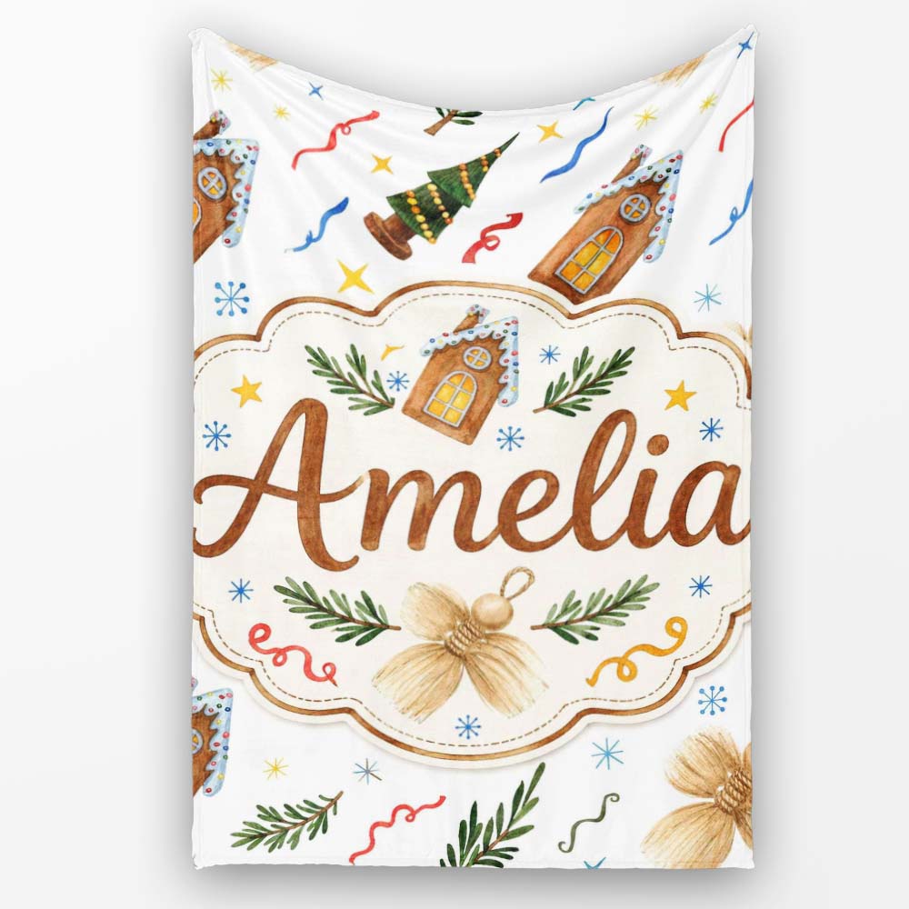 Watercolor Rustic Christmas House Tree Angel Ornament Seamless  Personalised Custom Name Super Soft Fleece Blanket Bed Sofa Throw