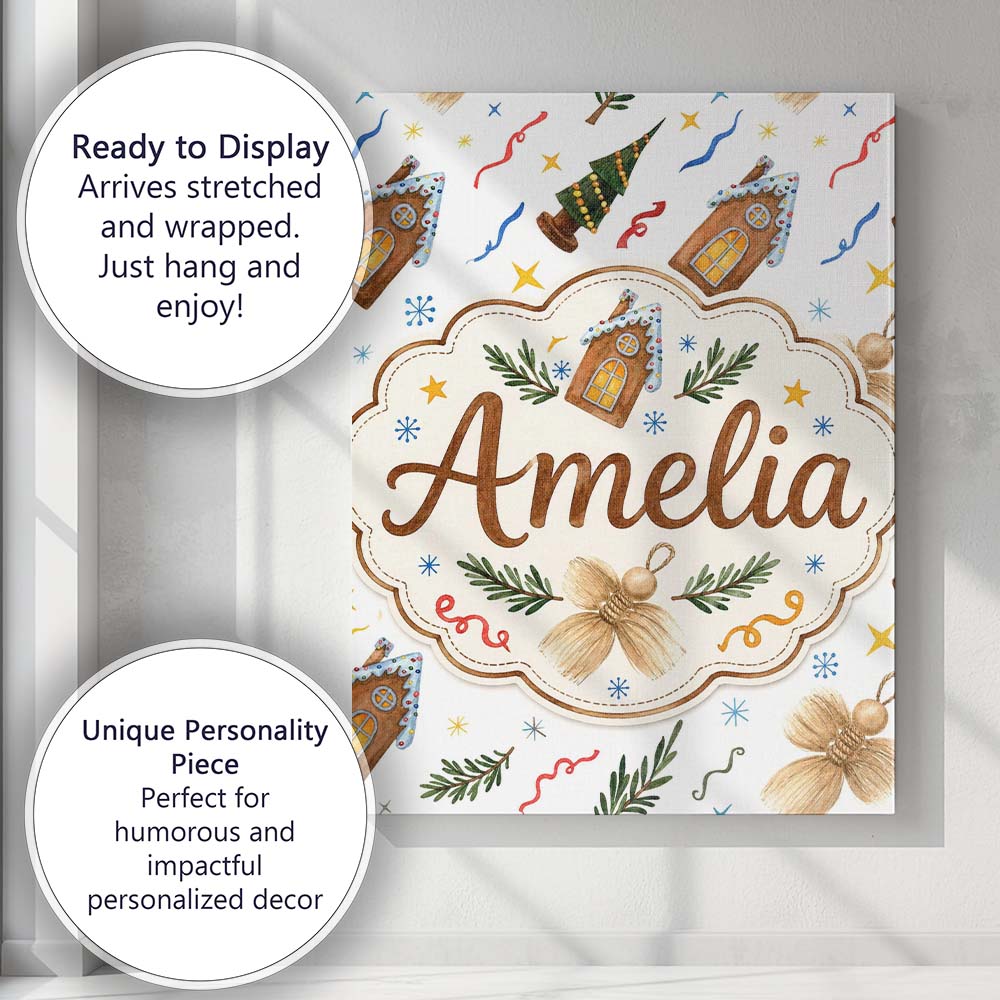 Personalised Name Watercolor Rustic Christmas Custom Unique Gift Idea Modern Room Accent Canvas Wall Art Print Decor Picture Ready to Hang