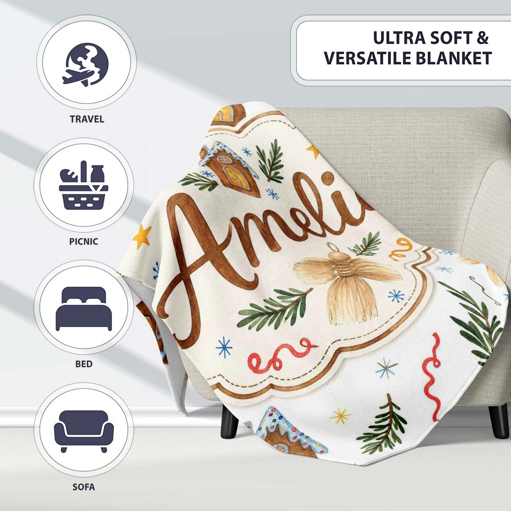 Watercolor Rustic Christmas House Tree Angel Ornament Seamless  Personalised Custom Name Super Soft Fleece Blanket Bed Sofa Throw