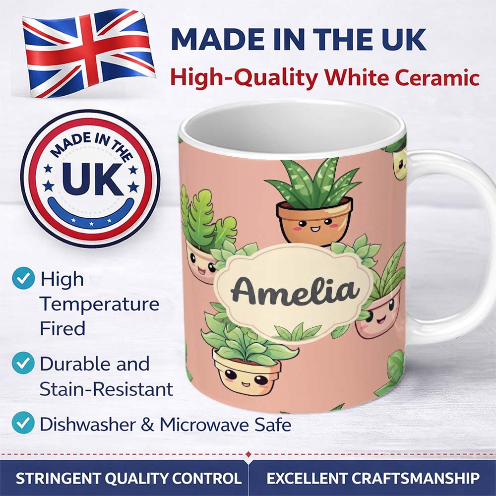 Personalized Custom Name Cute Kawaii Smiling Plant Pots Leaves Seamless Pattern Beige Lovely 11oz Ceramic Coffee Tea Mug White Large Handle