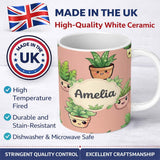 Personalized Custom Name Cute Kawaii Smiling Plant Pots Leaves Seamless Pattern Beige Lovely 11oz Ceramic Coffee Tea Mug White Large Handle