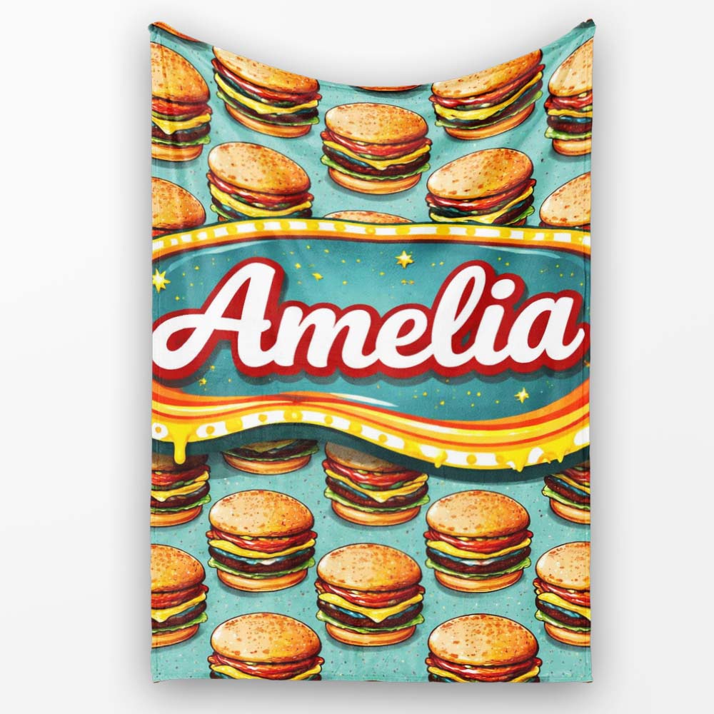 Cute Flat Burger Seamless Pattern Teal Background Fast Food Design  Personalised Custom Name Super Soft Fleece Blanket Bed Sofa Throw