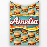 Cute Flat Burger Seamless Pattern Teal Background Fast Food Design  Personalised Custom Name Super Soft Fleece Blanket Bed Sofa Throw
