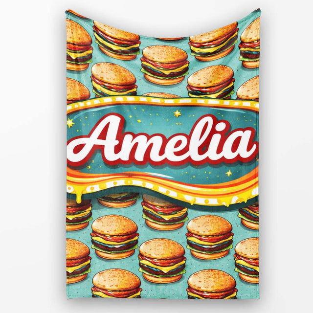 Cute Flat Burger Seamless Pattern Teal Background Fast Food Design  Personalised Custom Name Super Soft Fleece Blanket Bed Sofa Throw