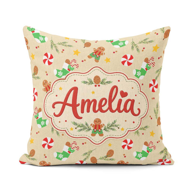 Custom Name Gingerbread Cookies Candy Cane Socks Branch Seamless Square Filled Cushion Throw Pillow Sofa Bed Home Decor Zip Washable UK Made