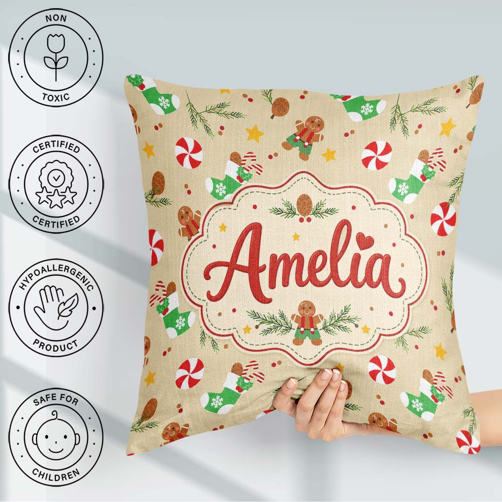 Custom Name Gingerbread Cookies Candy Cane Socks Branch Seamless Square Filled Cushion Throw Pillow Sofa Bed Home Decor Zip Washable UK Made
