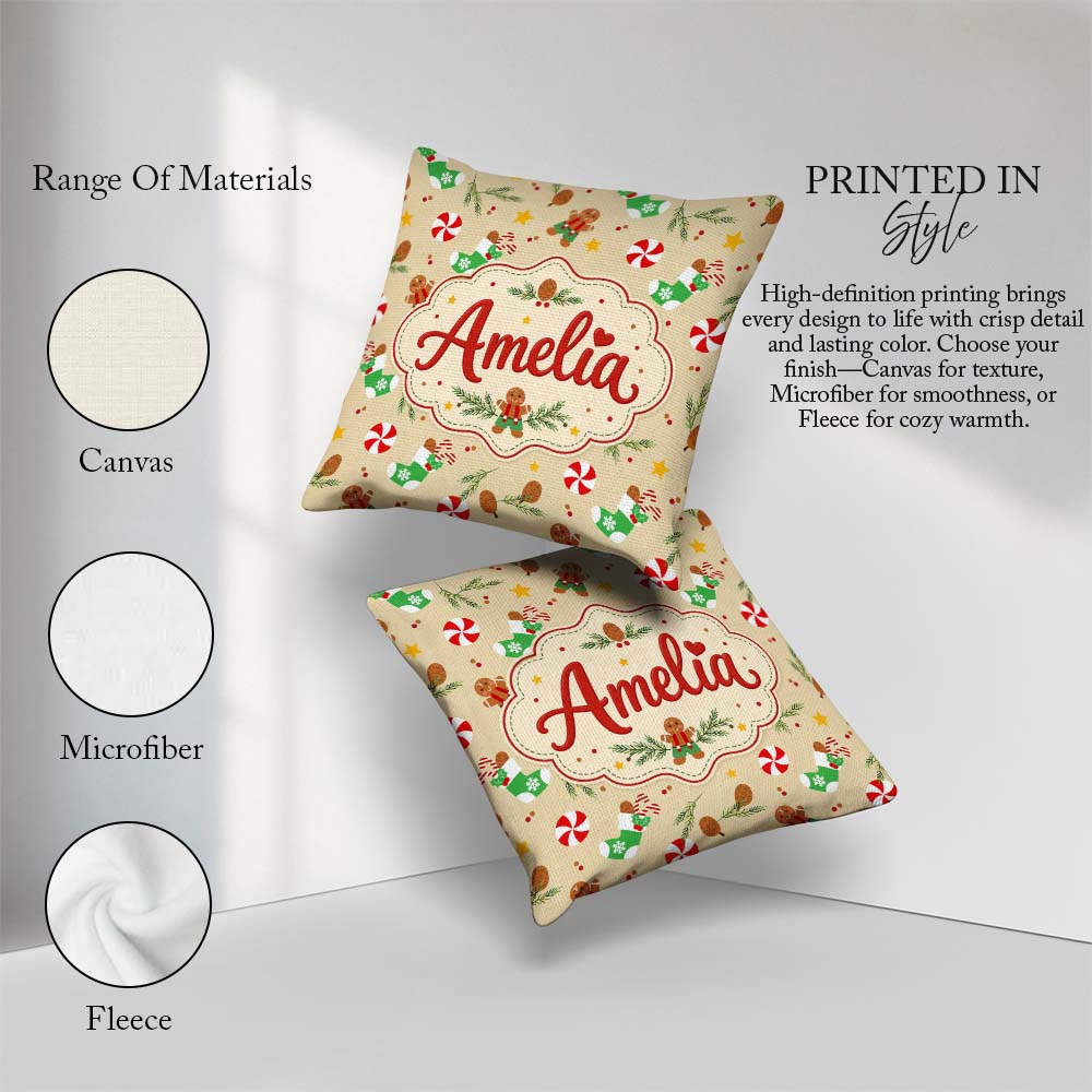 Custom Name Gingerbread Cookies Candy Cane Socks Branch Seamless Square Filled Cushion Throw Pillow Sofa Bed Home Decor Zip Washable UK Made