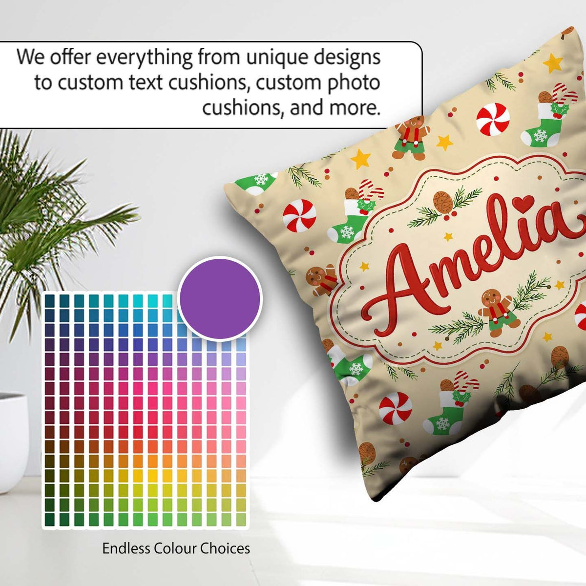 Custom Name Gingerbread Cookies Candy Cane Socks Branch Seamless Square Filled Cushion Throw Pillow Sofa Bed Home Decor Zip Washable UK Made