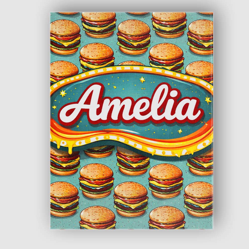 Personalised Name Cute Flat Burger Seamless Pattern Teal Background Custom Canvas Wall Art Print Decor Picture Ready to Hang