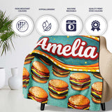 Cute Flat Burger Seamless Pattern Teal Background Fast Food Design  Personalised Custom Name Super Soft Fleece Blanket Bed Sofa Throw