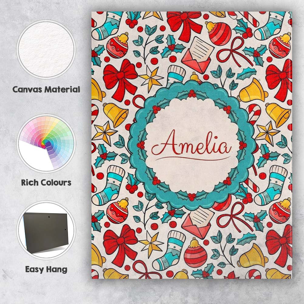 Personalised Name Holiday Bells Bows Custom Premium Decorative Design Modern Room Accent Canvas Wall Art Print Decor Picture Ready to Hang