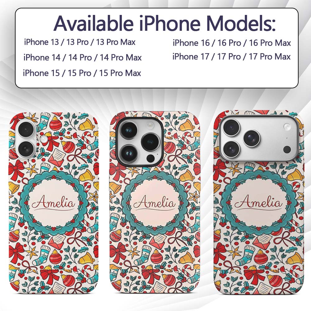 Holiday Bells Bows Stockings Candy Cane Christmas Custom Name Protective Phone Case Mobile Cover Durable Everyday Smartphone Shock Resistant