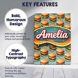 Personalised Name Cute Flat Burger Seamless Pattern Teal Background Custom Canvas Wall Art Print Decor Picture Ready to Hang