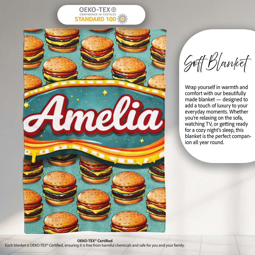 Cute Flat Burger Seamless Pattern Teal Background Fast Food Design  Personalised Custom Name Super Soft Fleece Blanket Bed Sofa Throw