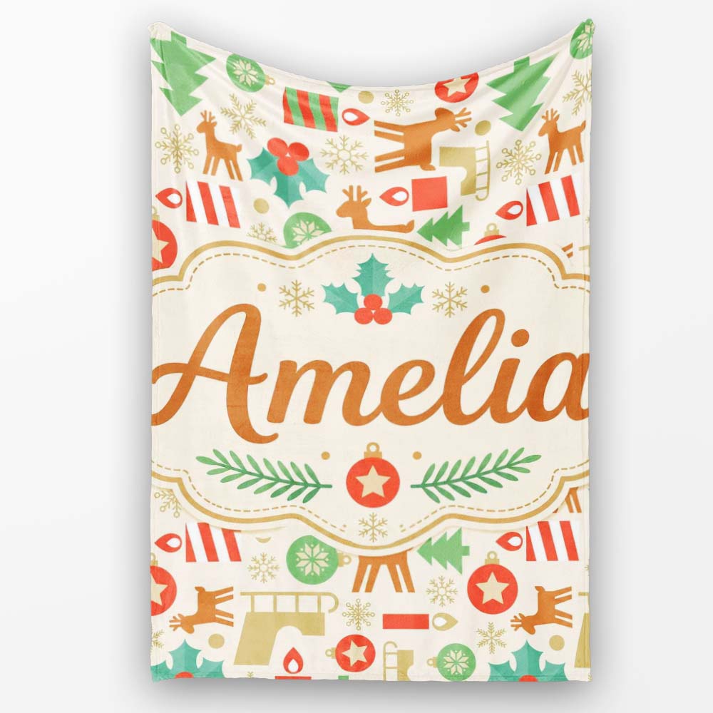 Scandinavian Reindeer Trees Ornaments Christmas Seamless Pattern  Personalised Custom Name Super Soft Fleece Blanket Bed Sofa Throw