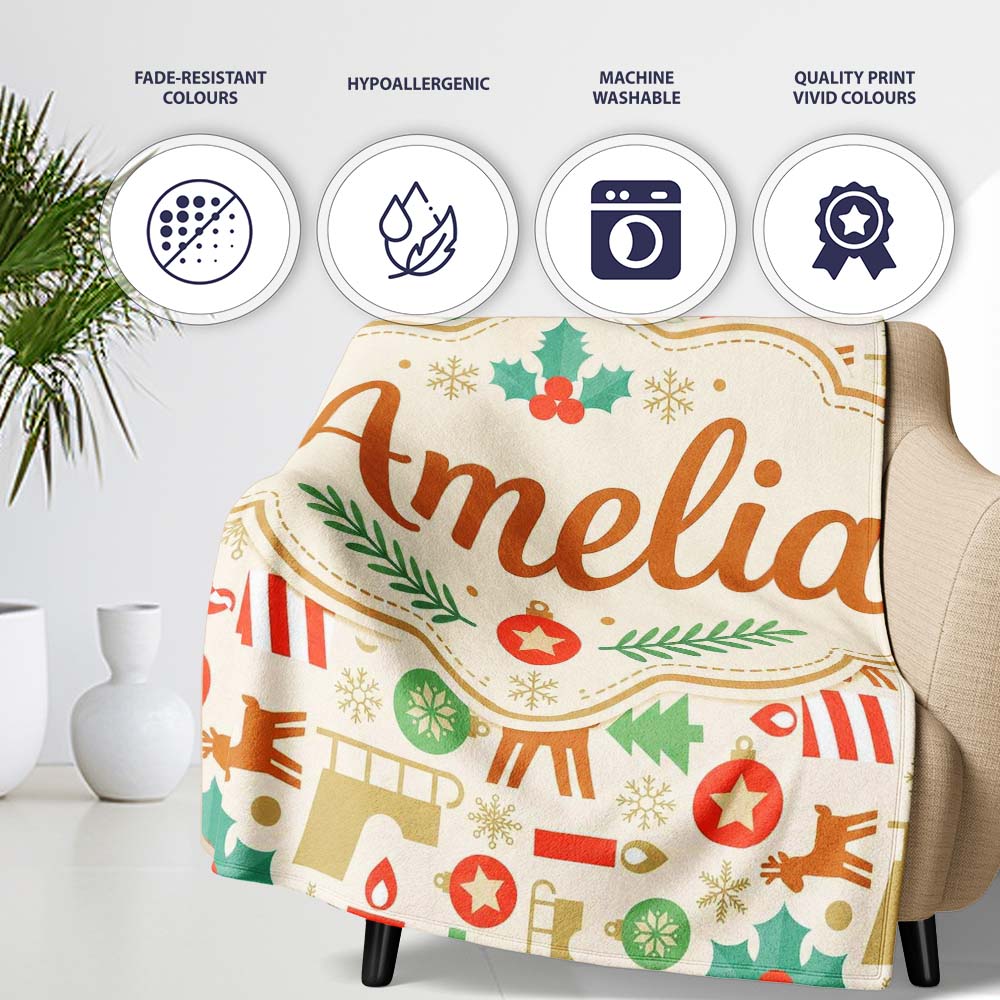 Scandinavian Reindeer Trees Ornaments Christmas Seamless Pattern  Personalised Custom Name Super Soft Fleece Blanket Bed Sofa Throw