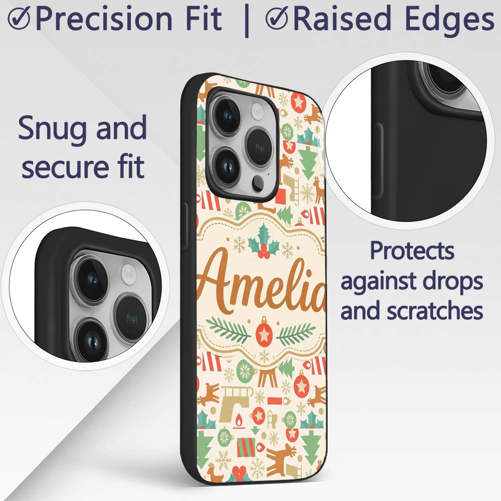 Scandinavian Reindeer Trees Ornaments Christmas Custom Name Protective Phone Case Mobile Cover Durable Everyday Smartphone Shock Resistant