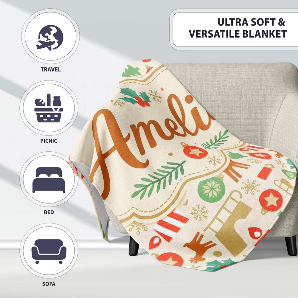 Scandinavian Reindeer Trees Ornaments Christmas Seamless Pattern  Personalised Custom Name Super Soft Fleece Blanket Bed Sofa Throw