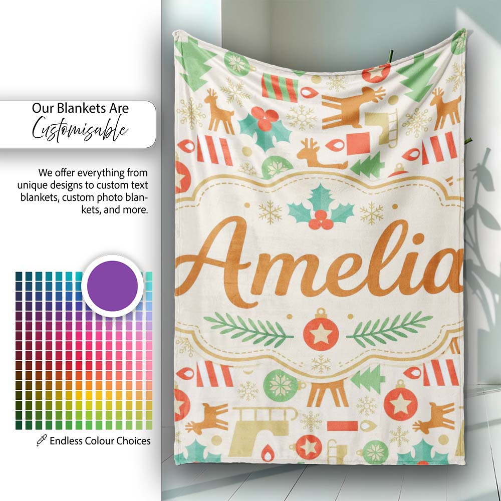 Scandinavian Reindeer Trees Ornaments Christmas Seamless Pattern  Personalised Custom Name Super Soft Fleece Blanket Bed Sofa Throw