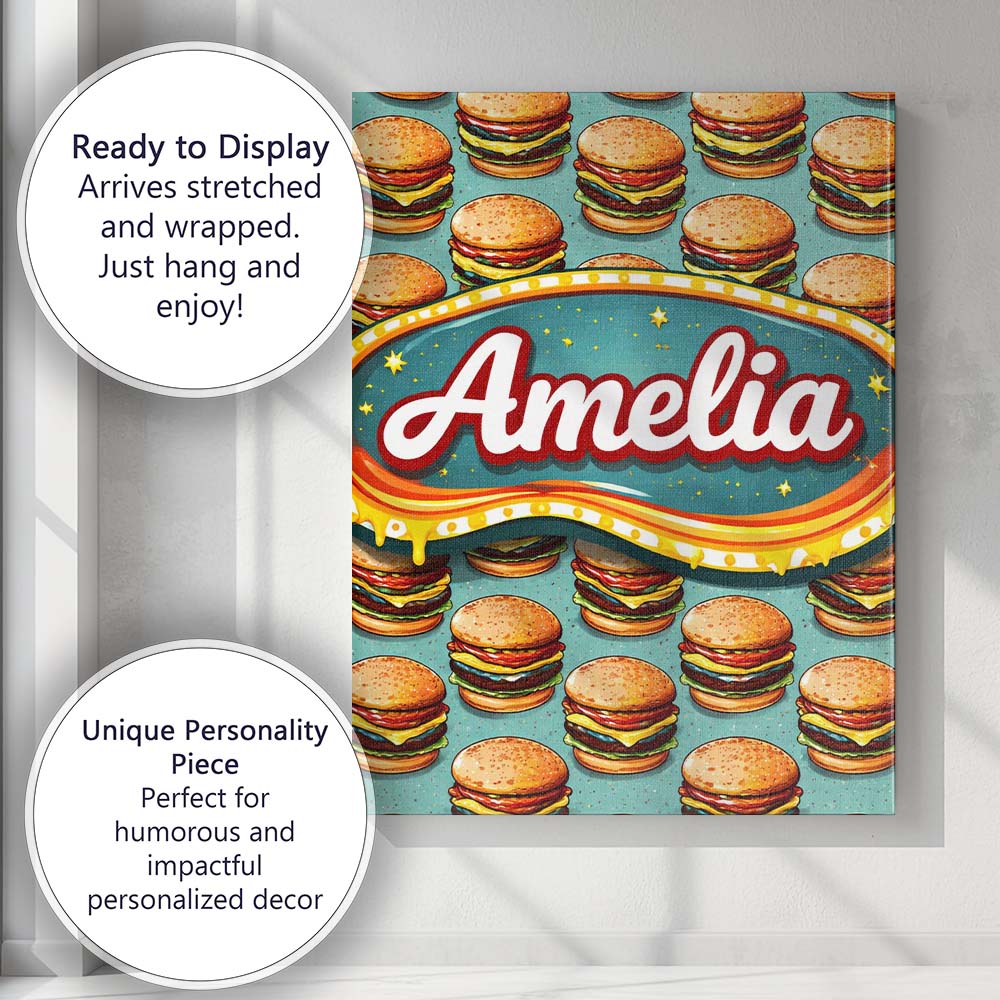 Personalised Name Cute Flat Burger Seamless Pattern Teal Background Custom Canvas Wall Art Print Decor Picture Ready to Hang