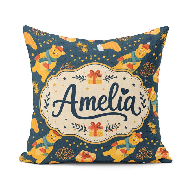 Custom Name Cute Winter Bears Gifts Lights Cozy Seamless Pattern Square Filled Cushion Throw Pillow Sofa Bed Home Decor Zip Washable UK Made