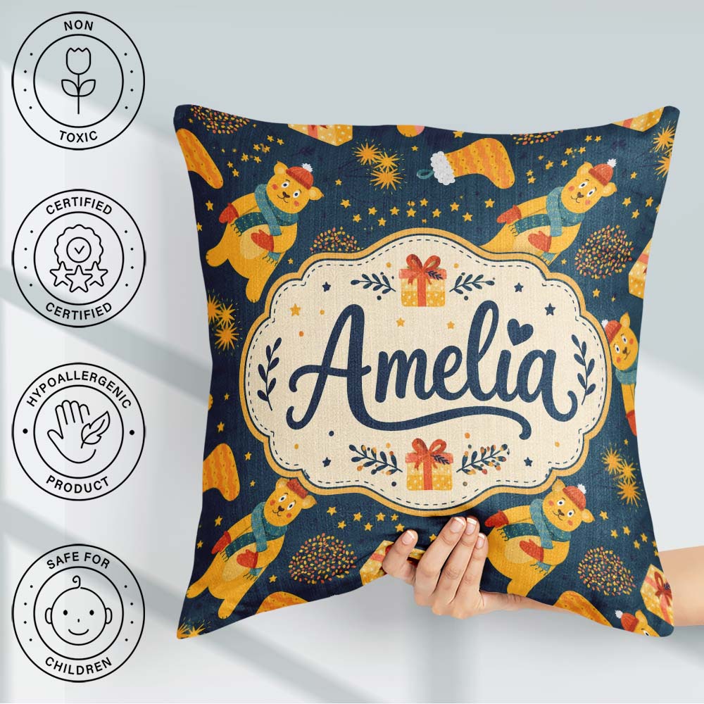 Custom Name Cute Winter Bears Gifts Lights Cozy Seamless Pattern Square Filled Cushion Throw Pillow Sofa Bed Home Decor Zip Washable UK Made