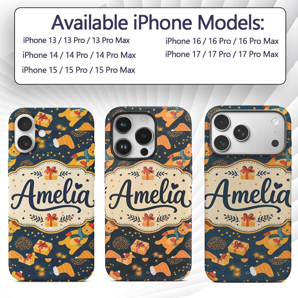 Cute Winter Bears Gifts Lights Cozy Christmas Custom Name Protective Phone Case Mobile Cover Durable Everyday Smartphone Shock Resistant