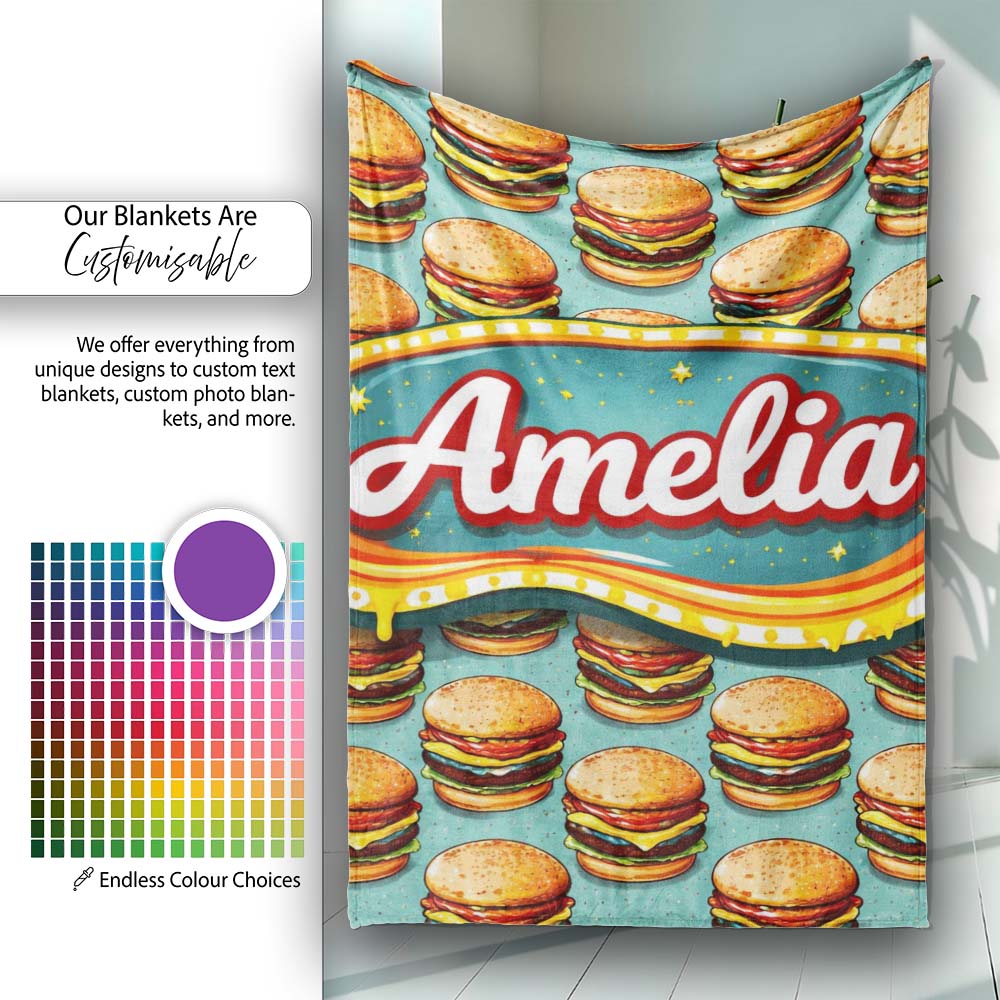 Cute Flat Burger Seamless Pattern Teal Background Fast Food Design  Personalised Custom Name Super Soft Fleece Blanket Bed Sofa Throw