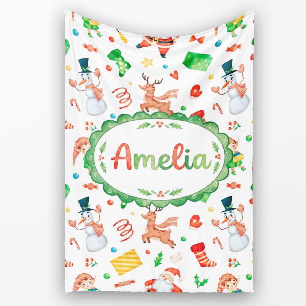 Cute Santa Snowman Reindeer Elf Christmas Holiday Fun Seamless  Personalised Custom Name Super Soft Fleece Blanket Bed Sofa Throw