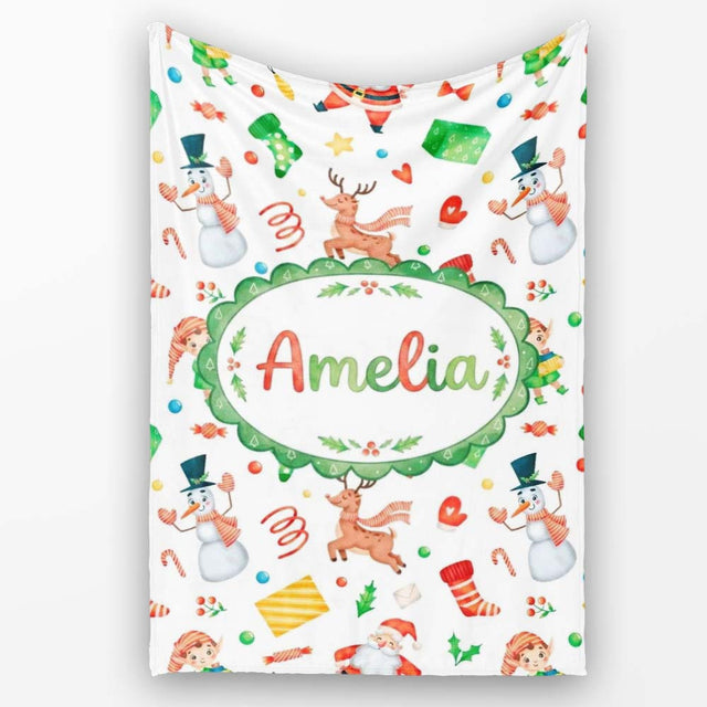 Cute Santa Snowman Reindeer Elf Christmas Holiday Fun Seamless  Personalised Custom Name Super Soft Fleece Blanket Bed Sofa Throw