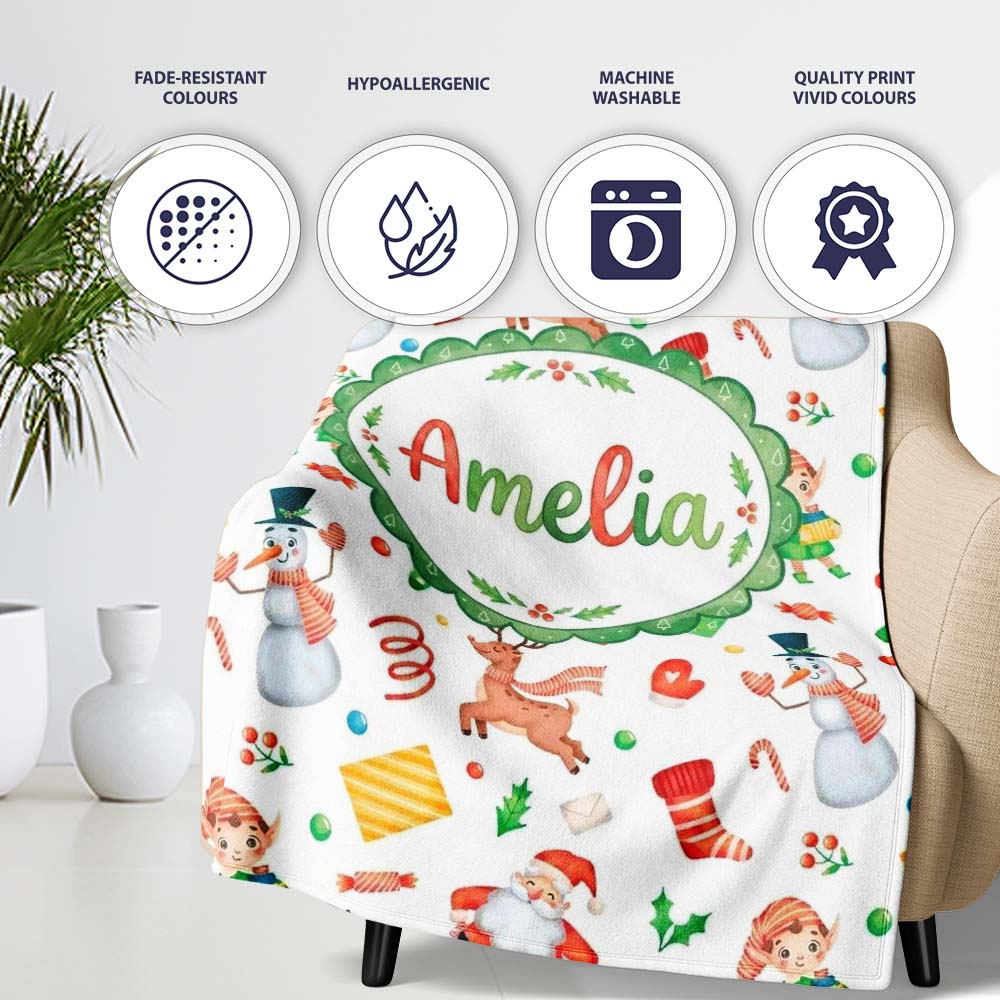 Cute Santa Snowman Reindeer Elf Christmas Holiday Fun Seamless  Personalised Custom Name Super Soft Fleece Blanket Bed Sofa Throw