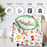 Cute Santa Snowman Reindeer Elf Christmas Holiday Fun Seamless  Personalised Custom Name Super Soft Fleece Blanket Bed Sofa Throw