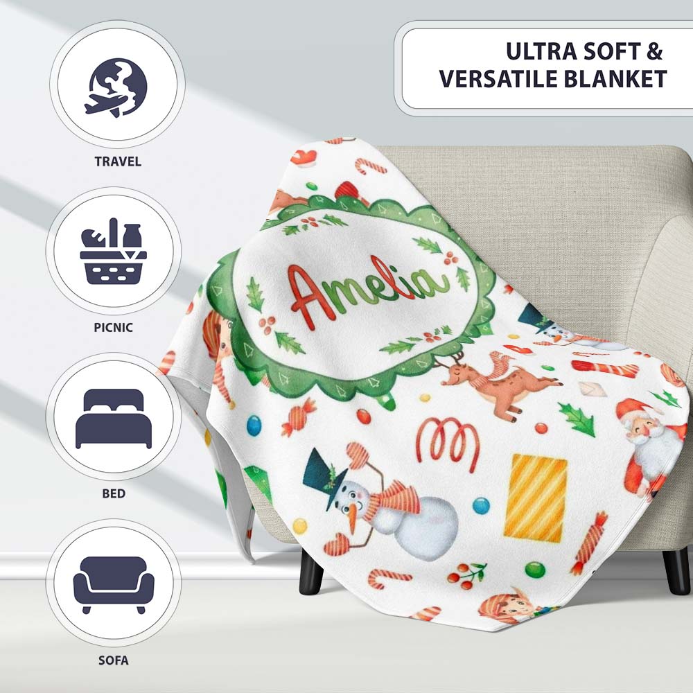 Cute Santa Snowman Reindeer Elf Christmas Holiday Fun Seamless  Personalised Custom Name Super Soft Fleece Blanket Bed Sofa Throw