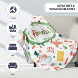Cute Santa Snowman Reindeer Elf Christmas Holiday Fun Seamless  Personalised Custom Name Super Soft Fleece Blanket Bed Sofa Throw