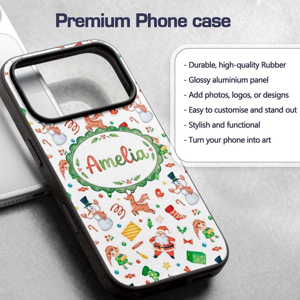 Cute Santa Snowman Reindeer Elf Christmas Holiday Custom Name Protective Phone Case Mobile Cover Durable Everyday Smartphone Shock Resistant