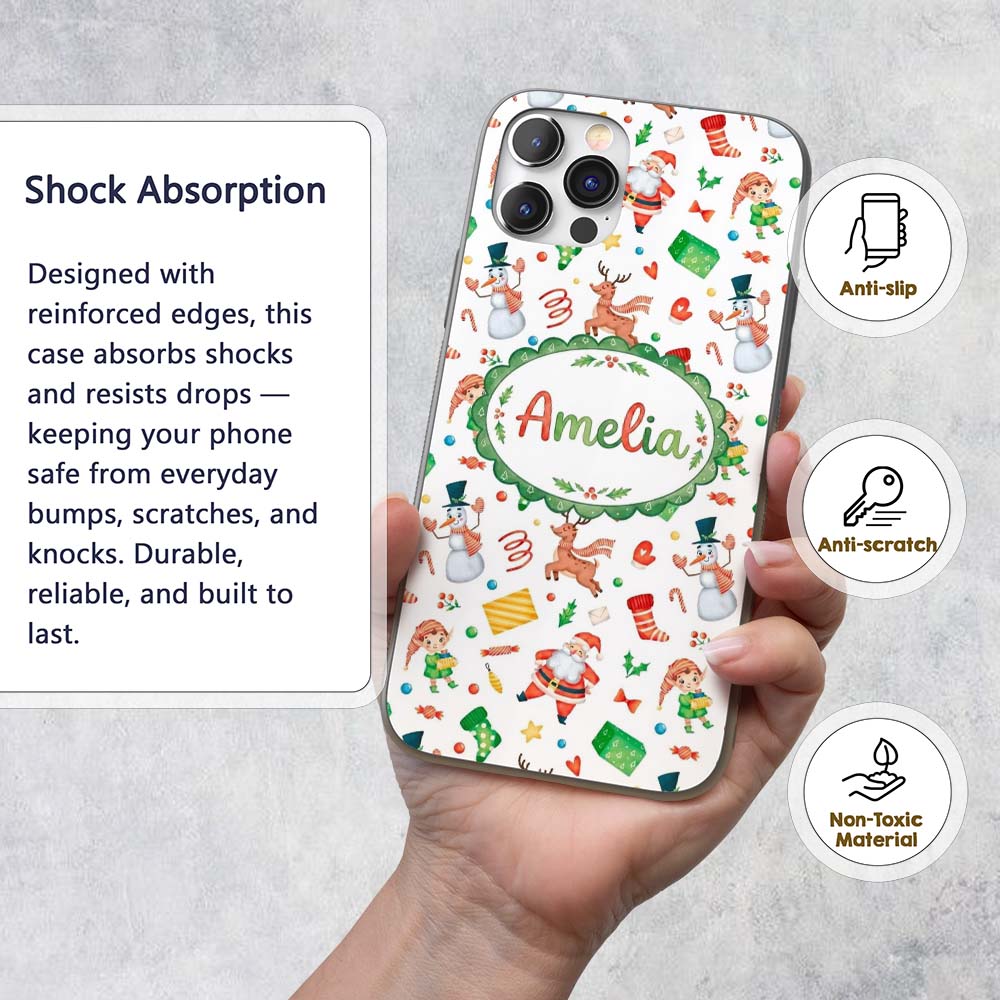 Cute Santa Snowman Reindeer Elf Christmas Holiday Custom Name Protective Phone Case Mobile Cover Durable Everyday Smartphone Shock Resistant