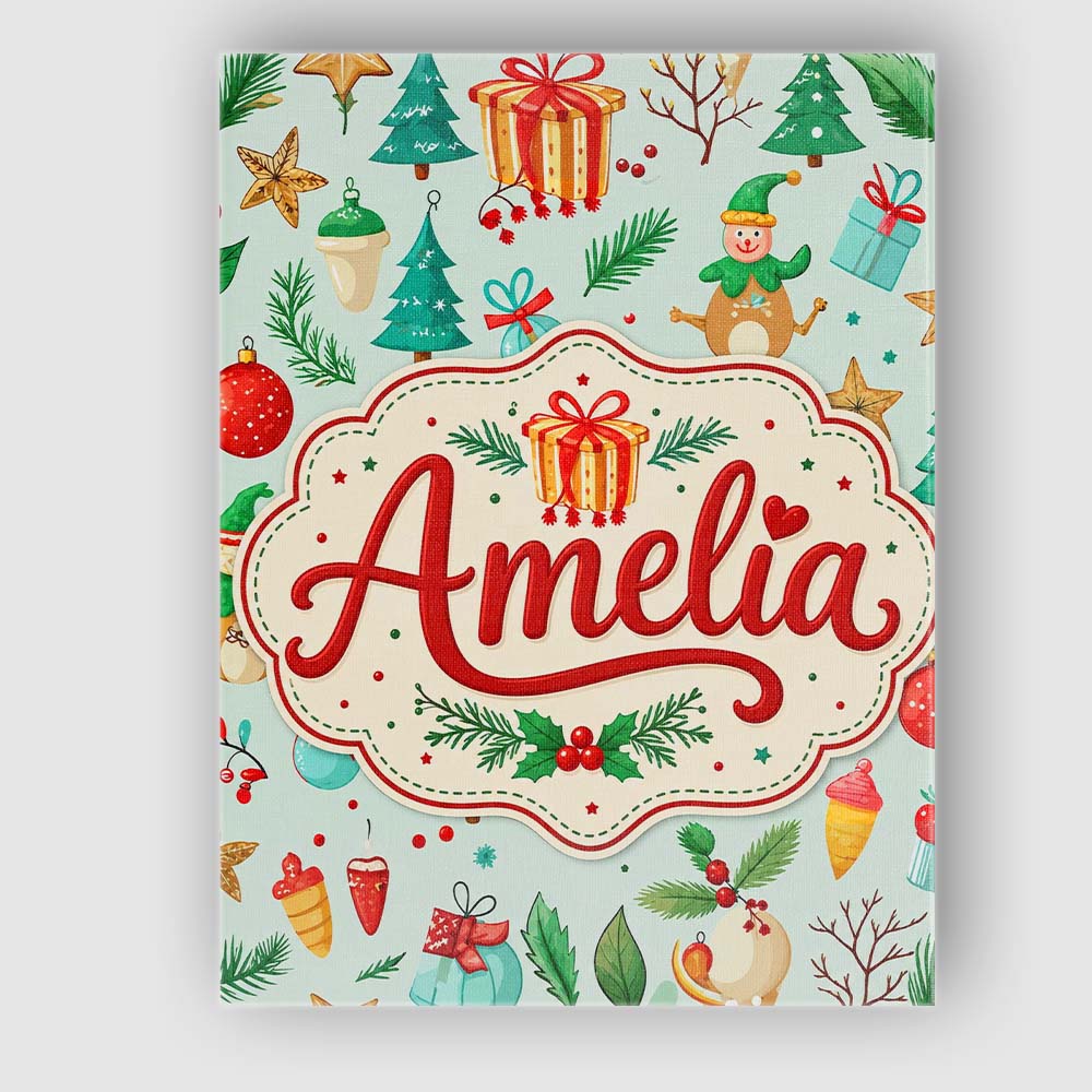 Personalised Name Festive Christmas Ornaments Custom Unique Gift Idea Modern Room Accent Canvas Wall Art Print Decor Picture Ready to Hang