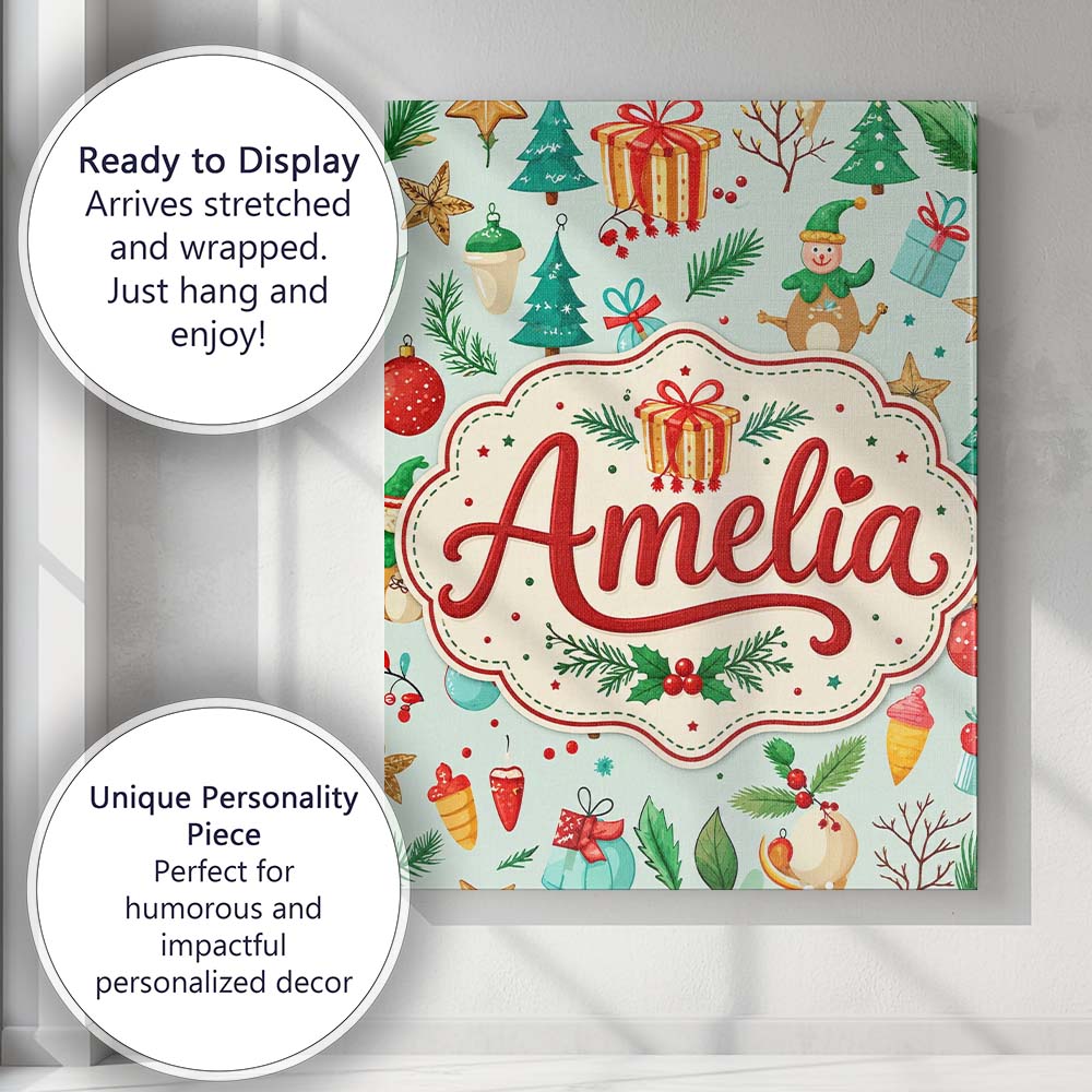 Personalised Name Festive Christmas Ornaments Custom Unique Gift Idea Modern Room Accent Canvas Wall Art Print Decor Picture Ready to Hang