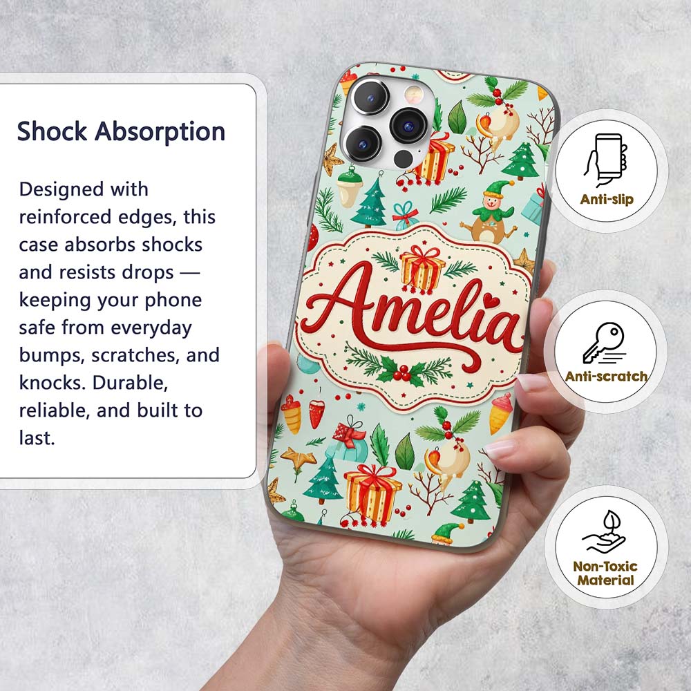Festive Christmas Ornaments Trees Gifts Holiday Custom Name Protective Phone Case Mobile Cover Durable Everyday Smartphone Shock Resistant