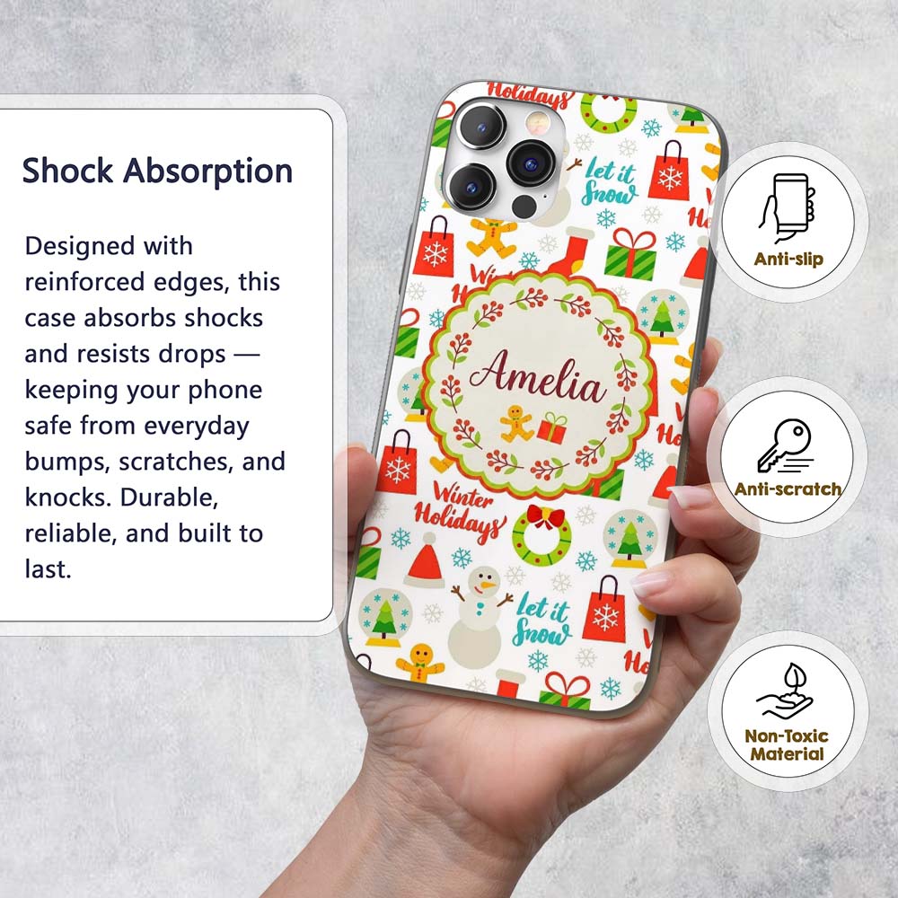 Winter Holidays Snowman Gingerbread Gifts Festive Custom Name Protective Phone Case Mobile Cover Durable Everyday Smartphone Shock Resistant