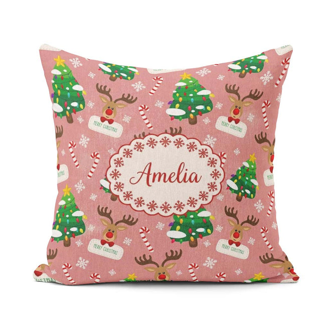 Custom Name Cute Reindeer Tree Candy Cane Merry Holiday Seamless Square Filled Cushion Throw Pillow Sofa Bed Home Decor Zip Washable UK Made