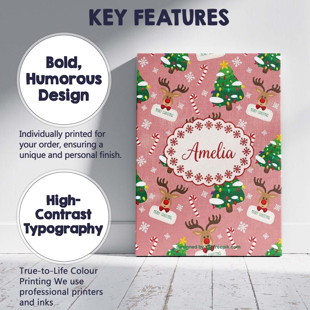 Personalised Name Cute Reindeer Christmas Custom  Unique Gift Idea Elegant Feature Canvas Wall Art Print Decor Picture Ready to Hang